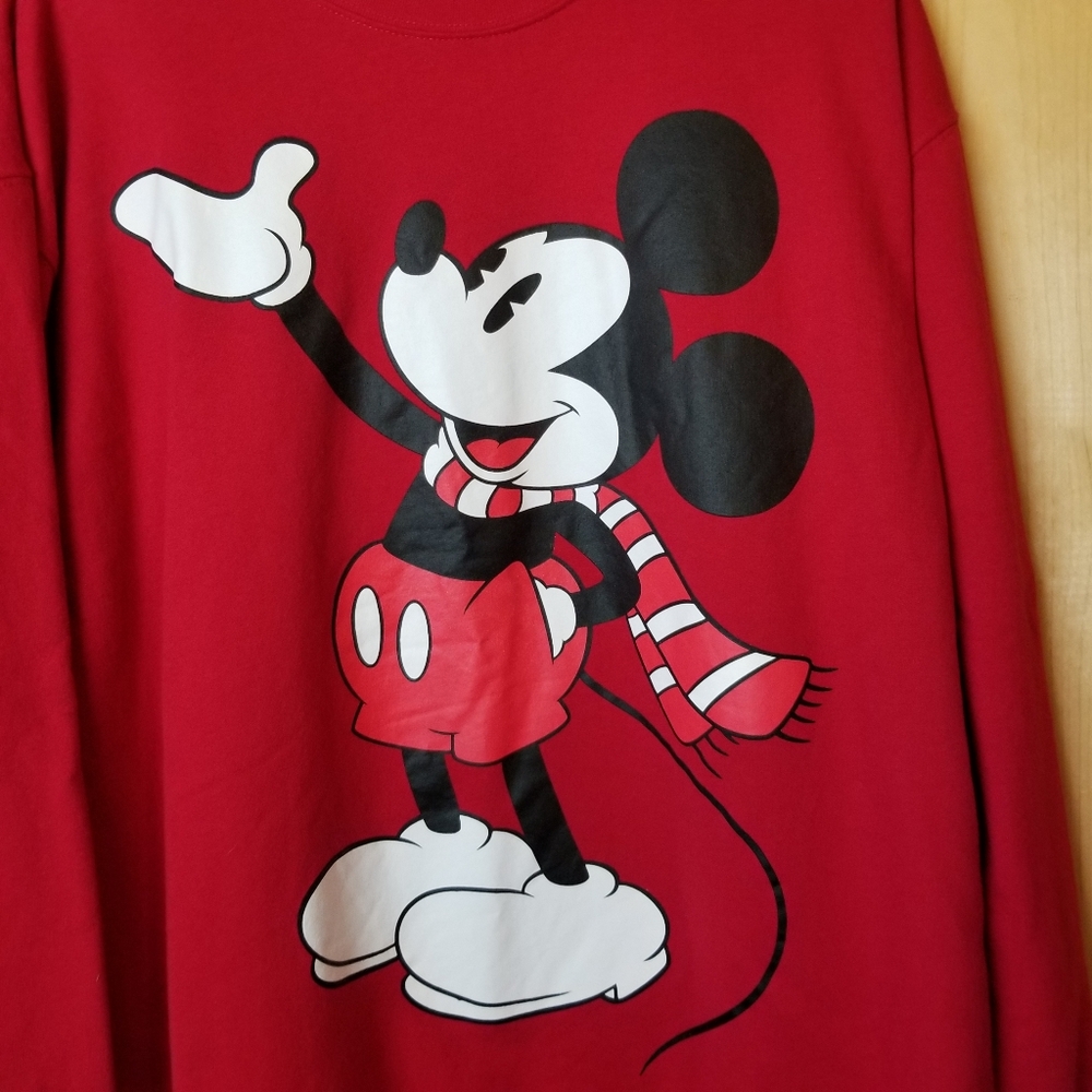 Disney Mickey Mouse Red Scarf Holiday Fleece Lined Unisex Sweatshirt - Picture 2 of 11